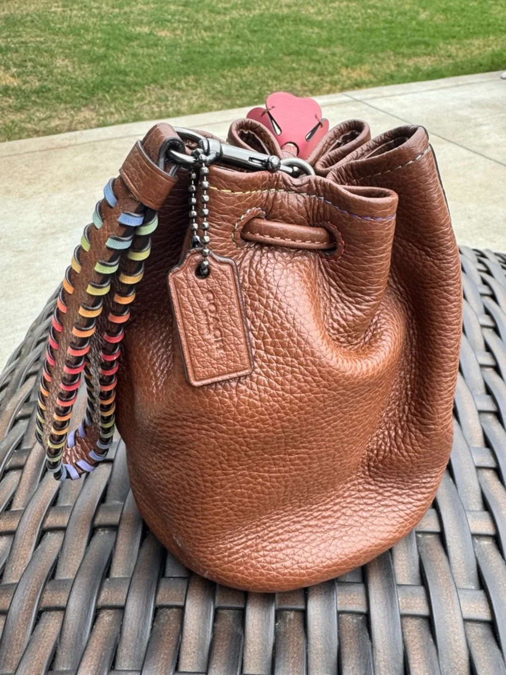 Coach Pebbled Leather Drawstring Bucket Bag Tea Rose petal wristlet pouch bag - Picture 3 of 10